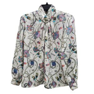 Notations Women's Vintage 80s Ivory Rope Print Silky Mock Neck Blouse Size 6